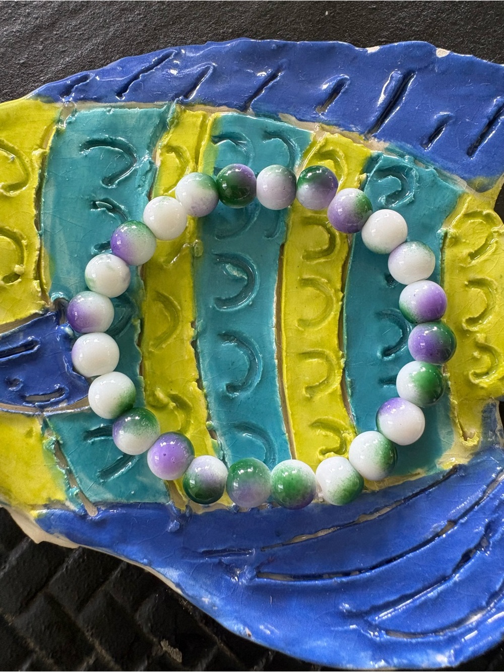 Kids Stretch Beaded Bracelet in White, Purple & Green